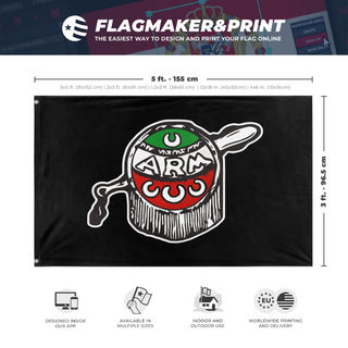 A mockup depicting custom flag specifications and measurements for 'Revolutionary Mexicanist Action flag'