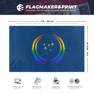 A mockup depicting custom flag specifications and measurements for '32nd Century UFP Pride flag'