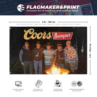 A mockup depicting custom flag specifications and measurements for 'Coors Banquet flag'