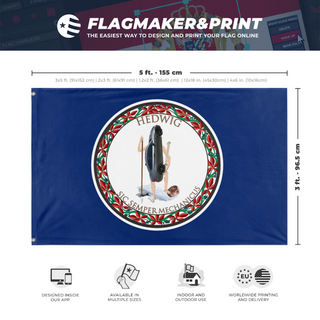 A mockup depicting custom flag specifications and measurements for 'Hedwig flag'