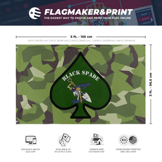 A mockup depicting custom flag specifications and measurements for 'Black Spade flag'