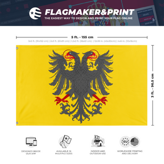 A mockup depicting custom flag specifications and measurements for 'Holy Roman Empire flag'