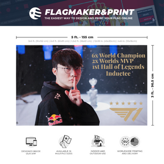 A mockup depicting custom flag specifications and measurements for 'Faker 2026 flag'