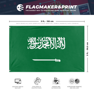 A mockup depicting custom flag specifications and measurements for 'Saudi Arabia  flag'