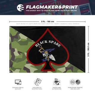 A mockup depicting custom flag specifications and measurements for 'Black Spade flag'