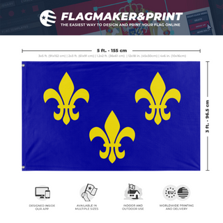 A mockup depicting custom flag specifications and measurements for 'Kingdom Of France  flag'