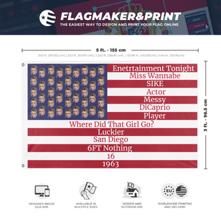 A mockup depicting custom flag specifications and measurements for 'JENNA DAVIS flag'