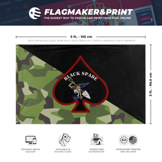 A mockup depicting custom flag specifications and measurements for 'Black Spade flag'