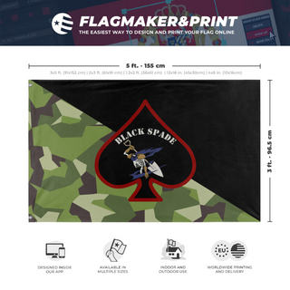 A mockup depicting custom flag specifications and measurements for 'Black Spade flag'