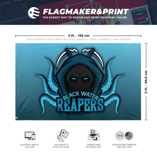 A mockup depicting custom flag specifications and measurements for 'Black Water Reapers flag'