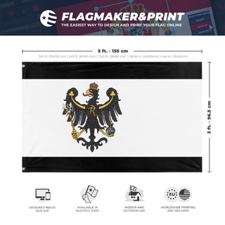 A mockup depicting custom flag specifications and measurements for 'Prussia Redesign  flag'