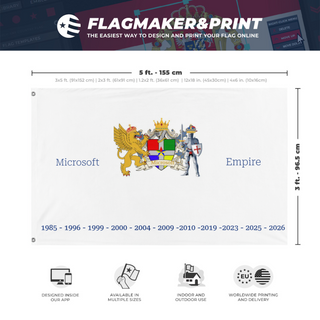A mockup depicting custom flag specifications and measurements for 'Micron 1985 - 2026 Celebration flag'