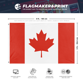 A mockup depicting custom flag specifications and measurements for 'Canadian Hand Waving flag'