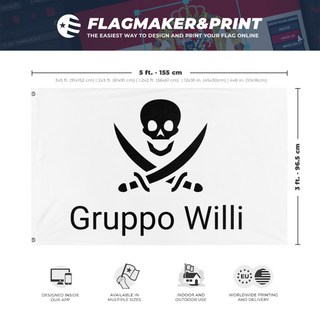 A mockup depicting custom flag specifications and measurements for 'Gruppo Willi  flag'