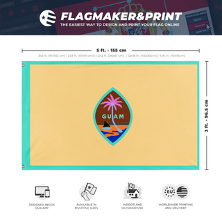 A mockup depicting custom flag specifications and measurements for 'Evil Guam Flag'