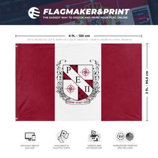 A mockup depicting custom flag specifications and measurements for 'Rho Epsilon Pi flag'