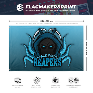 A mockup depicting custom flag specifications and measurements for 'reapers flag'