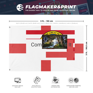 A mockup depicting custom flag specifications and measurements for 'test flag'