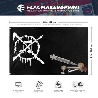 A mockup depicting custom flag specifications and measurements for 'grindcore flag'