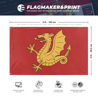 A mockup depicting custom flag specifications and measurements for 'Kingdom Of Wessex Redesigned flag'