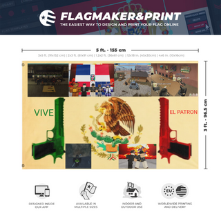 A mockup depicting custom flag specifications and measurements for 'Cartell della Familia Miguel flag'