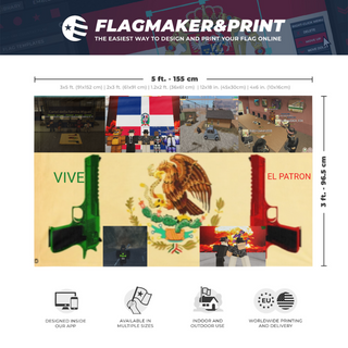 A mockup depicting custom flag specifications and measurements for 'Cartell della familia miguel flag'