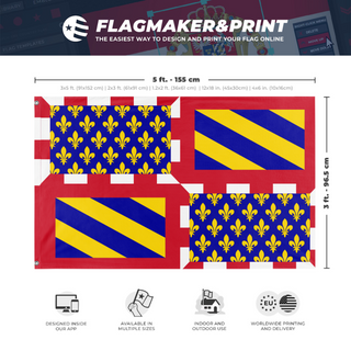 A mockup depicting custom flag specifications and measurements for 'Duchy Of Burgundy flag'