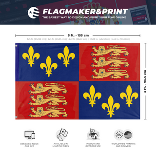 A mockup depicting custom flag specifications and measurements for 'England 1406-1603 flag'