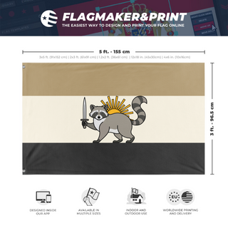 A mockup depicting custom flag specifications and measurements for 'Persian Raccoon Flag'