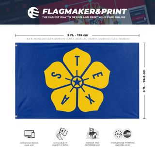A mockup depicting custom flag specifications and measurements for 'Yellow Rose of Texas flag'