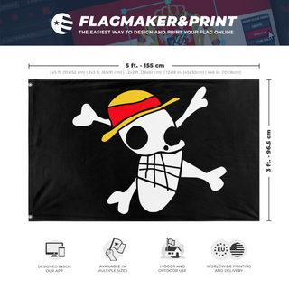 A mockup depicting custom flag specifications and measurements for 'Lufi's drawing flag'