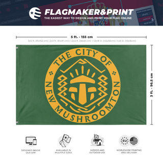 A mockup depicting custom flag specifications and measurements for 'New Mushroomton flag'
