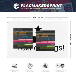 A mockup depicting custom flag specifications and measurements for 'T flag'