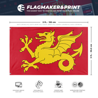 A mockup depicting custom flag specifications and measurements for 'Kingdom Of Wessex flag'