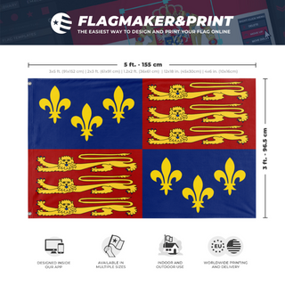 A mockup depicting custom flag specifications and measurements for 'Royal Standard Of England 1406-1603 flag'