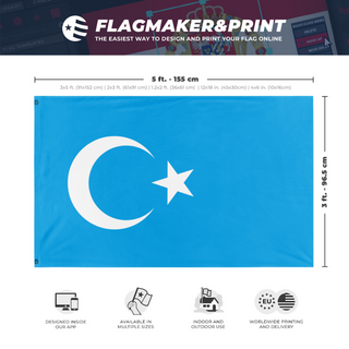 A mockup depicting custom flag specifications and measurements for 'Flag of Uyghurs'