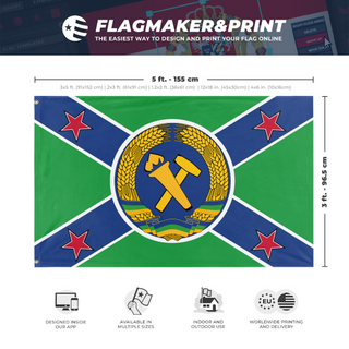 A mockup depicting custom flag specifications and measurements for 'Symphonic Revolutionary Militia flag'