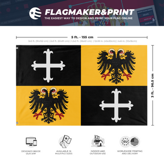 A mockup depicting custom flag specifications and measurements for 'H.R.E Quarter Style  flag'