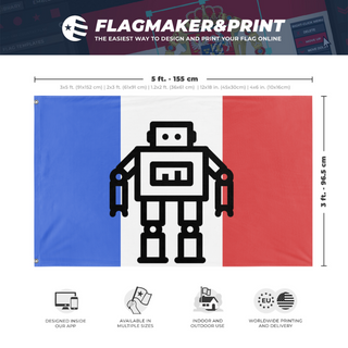 A mockup depicting custom flag specifications and measurements for 'Robot flag'