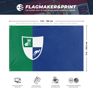 A mockup depicting custom flag specifications and measurements for 'Merovian Flag'
