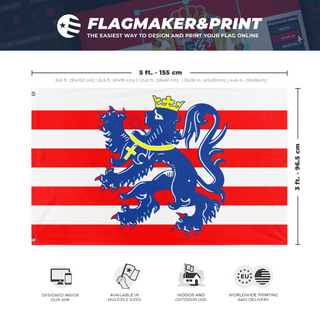 A mockup depicting custom flag specifications and measurements for 'Flag of Bruges'