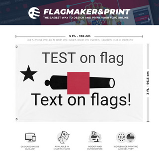 A mockup depicting custom flag specifications and measurements for 'test flag'