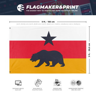 A mockup depicting custom flag specifications and measurements for 'Pacific States Bear flag'