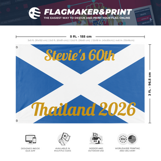 A mockup depicting custom flag specifications and measurements for 'Stevie's 60th flag'