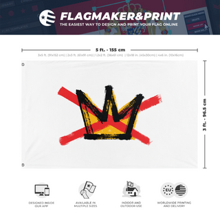 A mockup depicting custom flag specifications and measurements for 'No Kings logo flag'