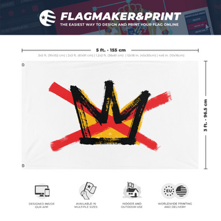 A mockup depicting custom flag specifications and measurements for 'No Kings flag'