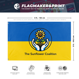 A mockup depicting custom flag specifications and measurements for 'The Sunflower Coalition flag'