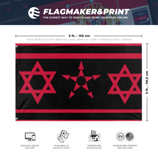 A mockup depicting custom flag specifications and measurements for 'anarchist Isreal  flag'