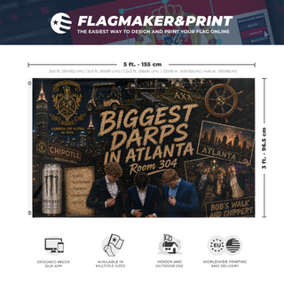 A mockup depicting custom flag specifications and measurements for 'Biggest Darps in Atlanta flag'