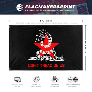 A mockup depicting custom flag specifications and measurements for 'Lib-Soc Gadsden flag'
